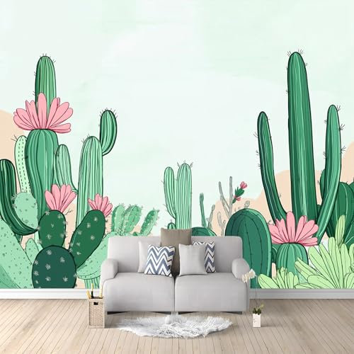 Photo Wallpaper 350 x 256 cm 3D Effect Murals Wallpaper Plant Cute Cactus Poster Wallpaper Decoration for Bedroom Dining Room Kitchen and kidsroom Light Green Art Mural Wallpaper