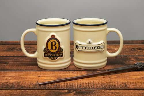 Harry Potter Butterbeer mugg, officiellt licensierad Wizarding World samlarobjekt, 350 ml keramisk kopp för kaffe, te och mer, tre kvastar inspirerad present för popkulturfans