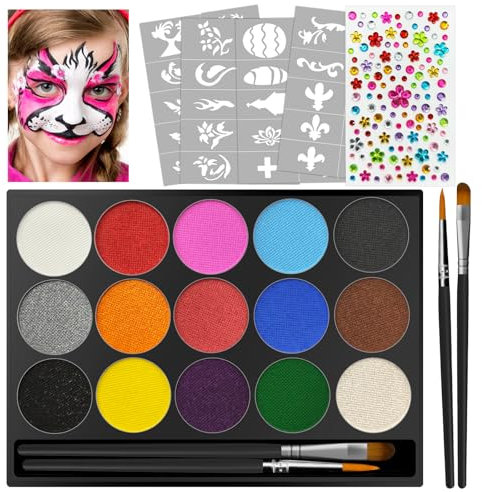 Jsdoin Kinderschminke Set, Waschbar 15 Farben Schminkfarben Schminkpalette für Kinder und Erwachsene, Ostern, Kinderschminke Fasching mit 2 Pinsel, 40 Tattoos Vorlagen und Glitzernde Perlenaufkleber