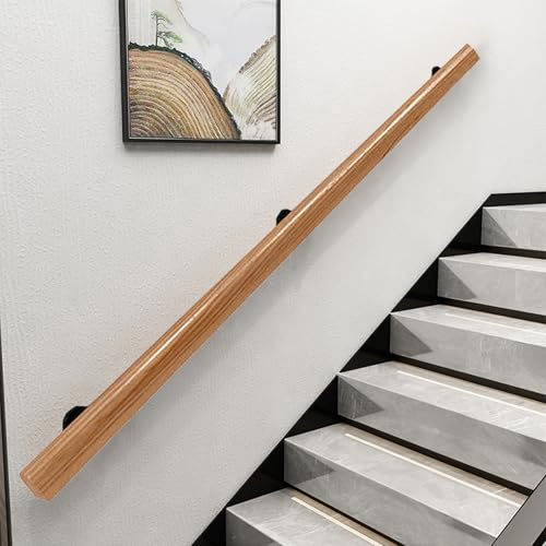 Wooden Handrails for Stairs, Non Slip Stair Railings with Bracket, Wood Banister Staircase Hand, Wall Mounted Decoration Stair Handrail, Corridor Support Rod with Grab Bar Kit (Wood Color, 360cm)