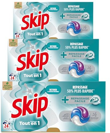 SKIP - Lessive Capsules - Repassage Facile - Résultat Impeccable même en cycle court - Ingrédients actifs d’origine végétale - Lot de 3x24 lavages