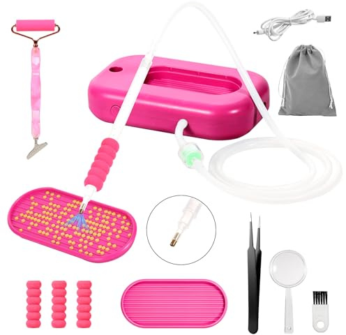 QOEOTUY Diamond Painting Stift mit Vakuum-Pumpe - Diamond E-Painter zum Setzen von AB-Steinen Ohne Wachs - 3-Stufige Saugkraft - inkl. USB-Kabel und Weiteres Zubehör (Rosa)