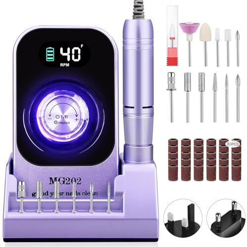 Ponceuse pour Ongles Professionnelle 40000 RPM, Urbuti 12 en 1 Lime à Ongle Electrique 4000 mAh avec Écran LCD, Vitesse Réglable, Silencieuse, Ponceuse Manucure Portable pour Salon/Maison (Violet)