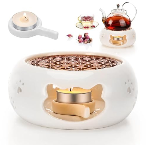 Stövchen für Teekanne Keramik, Teekannenwärmer mit Kerzenhalter und Herdmatte, Teewärmer Kaffeewärmer aus Keramik, Hohl Geschnitztes Design Porzellan Teewärmer zum Tee Milch Kaffee