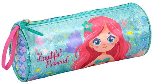 Julian Ross Astuccio Tombolino Per Bambina Sirena – Portapenne Cilindro Scuola Celeste – 21x8 cm – Chiusura Zip – Poliestere Resistente – Idea Regalo