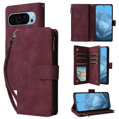 QLTYPRI Étui portefeuille en cuir pour Google Pixel 10/10 Pro, grande capacité, 6 porte-cartes et 1 poche zippée, dragonne, housse de protection magnétique – Rouge vin
