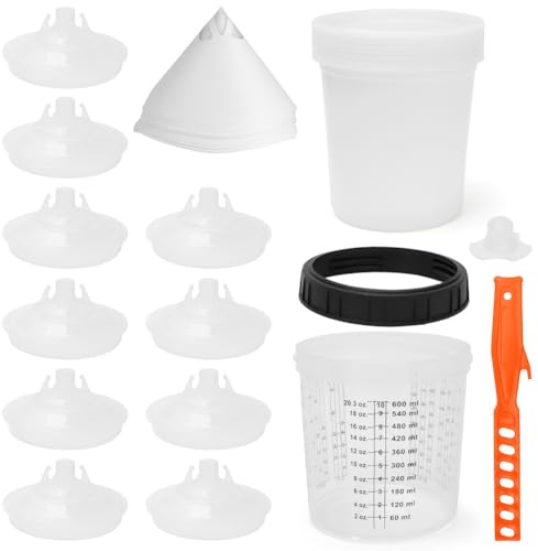 Lot de gobelets de mélange de peinture 600 ml - Pour pistolets à peinture HVLP et LVLP - Avec 10 gobelets avec couvercles, 1 gobelet dur, 2 bouchons de fermeture et 10 filtres en papier