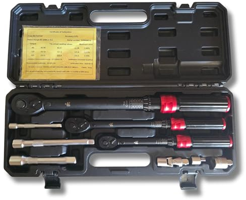 Juego llaves dinamométricas 9 piezas 1/4” 2-24Nm 3/8” 10-60Nm 1/2” 40-220Nm CR-V trinquete 72 dientes adaptadores, barras de extensión y rótula