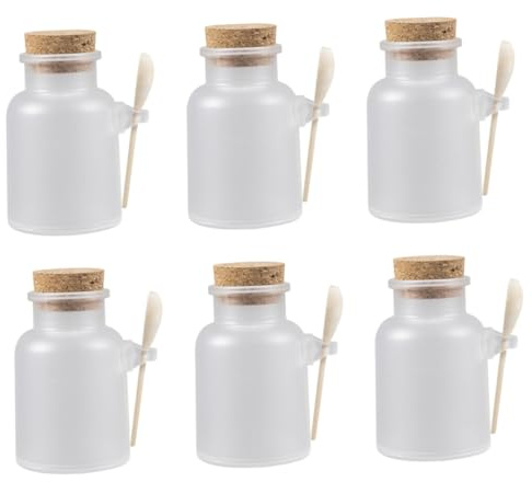 ARTSEWPLY Lot de 6 Sets de Bouteilles Rechargeables 100g Transparentes Dépoli Bouchon en Bois et Cuillère, Porte-poudre pour Masque et Sels de Bain, Kit Polyvalent pour Soins Personnels