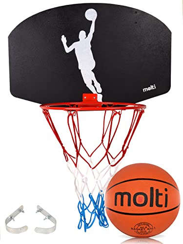 molti Basketballkorb Set Player - Basketball Tafel mit Ball & Netz - Wandmontage Basketballset 58,5x39 cm, Korb Ø32 cm, Ball Größe 5, Schwarz