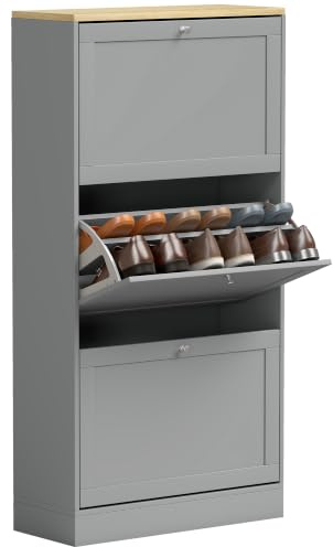 HOMCOM Shoe Cabinet with 3 Flip Drawers, Narrow Slim Shoe Rack, Grey | Freestanding, Storage Cabinet, for Entryway, Hallway