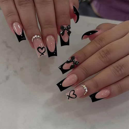 AstraGlam Ongles Press on Taille Moyenne Carré Faux Ongles Noir French Tip Faux Ongles avec Charms 3D Design Jelly Gel Ongles Cœur Ongles Acrylique Strass Pleine Couverture Ongles à Coller 24 Pièces