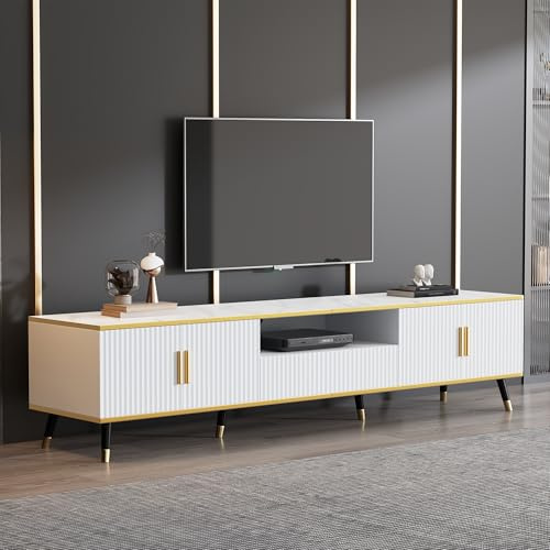 BTM Meuble TV Bas Moderne, Optique Marbre, Commode TV, 200x40x46cm – Adapté pour TV Jusqu’à 90 Pouces, Deux Portes, Un Tiroir
