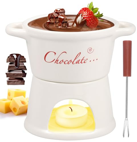 Schokofondue Tasse 300ml Schokoladenfondue Becher mit Edelstahl Gabeln Chocolate Fondue Tasse Teelichthalter Keramik Schoko Fondue Tassen Herausnehmbare mit 2 Griff zum Schmelzen Schokolade (Weiß)