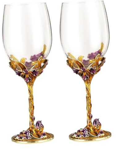 DIYEAH Copa de Whisky Dorada Esmaltada 2 Piezas Cáliz de Vino con Decoración Floral Transparente para Bodas Hogar y Eventos Resistente y Segura para Interiores y Exteriores