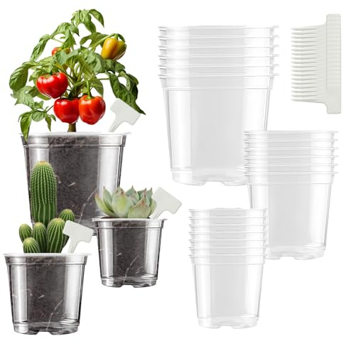 ANBET 36 Pièces Pot de Fleur Plastique avec Trou de Drainage, 9CM /10.5CM /12.5CM Pot Transparent Orchidée avec 36 Étiquette végétale pour Boutures, Plantes Succulentes Intérieur et Extérieur