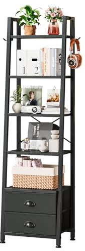 Wooruy 5 Tier Narrow Bookshelf with 2 Fabric Drawers Corner Ladder Shelf | Slim Freestanding Bookcases Display Shelving Unit for Home Office,Studies,Living Room,Bedroom,Small Space,39W x 29D x 161H CM