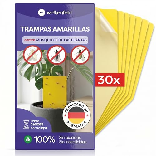 Wolkenfeld Trampa Moscas Plantas 30 Piezas Pegatinas – Trampas Amarillas para Insectos, Atrapa Mosquitos Adhesivo Doble Cara, Sin Insecticida – Interior, Macetas y Invernadero – Made in Germany