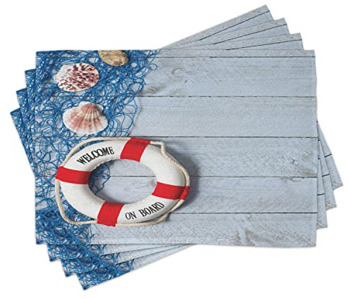 ABAKUHAUS Boje Platzmatten, Willkommen an Bord Nachricht auf Rettungsring mit Fischernetz Holzboden des Bootes, Waschbare Stoff Esszimmer Küche Tischdekorations Digitaldruck, Sand Blau
