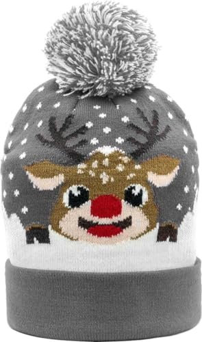 JAP Weihnachtsmütze mit LED-Leuchten - Rudolf Oh Deer - Beanie - Wintermütze mit Pompom - Mütze mit LED licht - Unisex - Grau