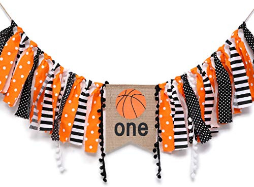 WAOUH Basketball Highchair Banner - High Chair Banner for 1st Birthday, Cake Smash Photo Prop, Fabric Rag Garland