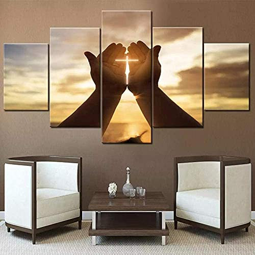QZWXEC® Moderner Plakat-Druck 5-teilige Kreuze Jesus-Hände beten Bild-Leinwand-Malerei-Hauptdekor-Wandkunst-Wohn-Dekor-Wand-Dekor-Rahmen （150x80cm）