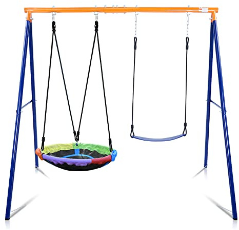 Lunafun Swing Sets for Backyard, 440lbs Swing Set with Heavy-Duty A-Frame Metal Stand, 1 Saucer Swing Seat & 1 Belt Swings Seat