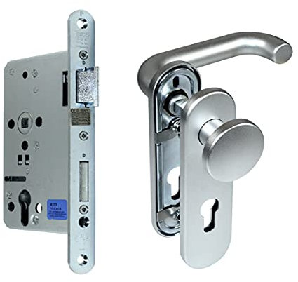 SN-TEC Paniktür Stahltür/FH Tür Set Aluminium Beschlag (einseitig Knauf) + FH Panikschloss Funktion E, DIN Rechts