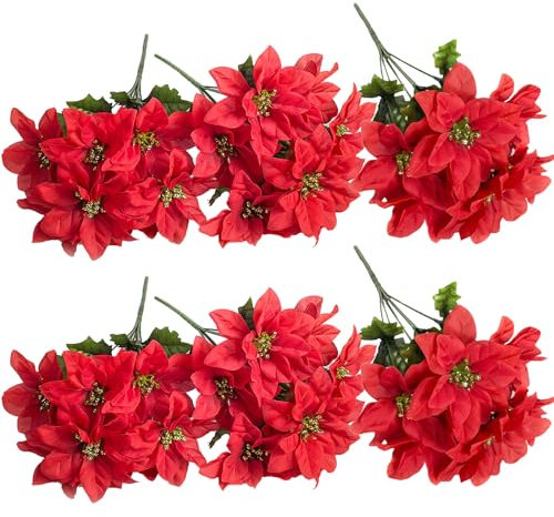 RTWAY Artificial Poinsettia Bushes, 4 Pack 7 Heads Silk Fabric Christmas Red Poinsettia Bushes, Artificial Poinsettia Bouquet Fake Poinsettias Flowers for Xmas, 35cm/13.8in