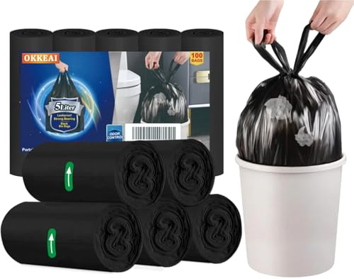 OKKEAI Small Bin Bags 5L, Black Pedal Bin Liners for Toilet, 100 Count | Strong Rubbish Bags with Tie Handles, Leak-Proof, Unscented, Suitable for Bathroom and Office Bins
