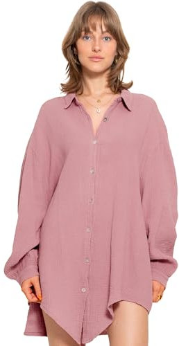 SASSYCLASSY Oversize Musselin Bluse Damen Langarm - Oversized Freizeit Look - Hemdbluse lang aus Baumwolle mit V Ausschnitt - Long-Bluse One Size (Gr. 36-48) Altrosa