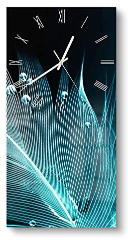 DEQORI Glasuhr | horizontal 30x60 cm | Motiv Feder mit Wasserperlen | große XXL Design Uhr aus Glas | leise Wanduhr für Wohnzimmer & Küche | Moderne Hingucker Uhr für die Wand