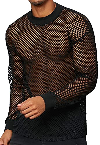 AIEOE Homme Haut en Résille Transparent T-Shirt Manches Longues Nightclubwear Col Rond sous-Maillot Noir 02 FR XXL/Lable Taille 3XL