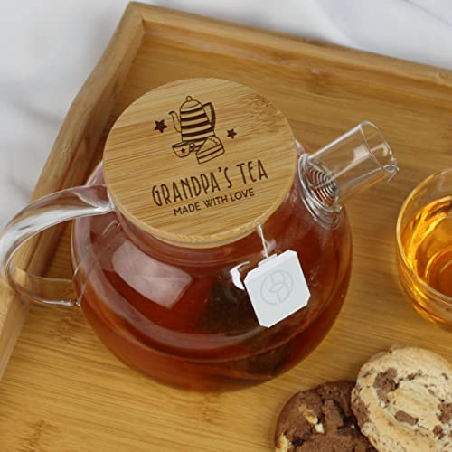 eBuyGB Personalised Borosilicate Glass Tea Pot, 1L Grandad's Tea, Made with Love, Engraved Wooden Lid & Strainer, Birthday Gift for Grandad, Grandpa, Dad, (201384822TG)