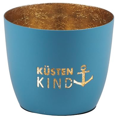 Maritimes Windlicht Baltic – Metall mit Motiv – Küstenkind, hellblau, Gold | 10 x 10 x 8,5 cm – für Teelichter & Stumpenkerzen – Haus, Garten, Balkon, Terrasse – Licht- & Schattenspiele – Seaside No.64