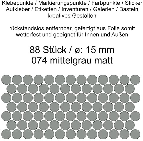 Aufkleber Etiketten Klebepunkte aus Folie 88 Stück grau mittelgrau matt rund 15 mm selbstklebend farbig wetterfest Decal Markierungen Organisieren DIY basteln verzieren Modellbau Scrapbooking
