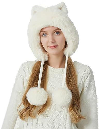 Huakunda Damen Winter Strickmütze Pom Pom Katze Ohr Stricken Hut Warme Beanie mit Innenfutter für Reiten Ski Snowboard