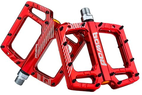 BOWOD Flat Pedals Mountain Bike Pedals Large CNC Aluminium Metal Bike Pedals BMX Parts Red MTB Bicycle Pedals w 9/16 Cr-Mo Spindle 3 Ball Bearings 28 Pins for Adult Ebike Road Bike Pedals Replacement
