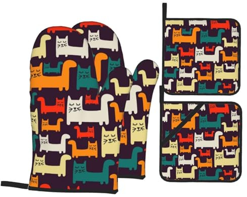 Lot de 4 maniques et maniques en forme de chat – Résistants à la chaleur et imperméables pour barbecue