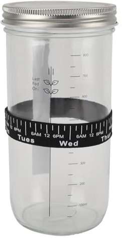 Kit de Inicio de Pan de Masa Fermentada – Frasco de Vidrio de 34 Oz con Tapa, Banda para Marcar la Fecha de Alimentación, Banda para Termómetro, Raspador de Silicona –