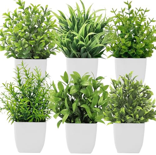 Roqueen 6 Pack Small Artificial Plants with Pot, Plastic Mini Fake Plants for Table Shelf Bathroom Office Home Decoration