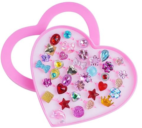 OSDUE 36 Pièces Bagues pour Enfants,Anneaux Réglables Sans Duplication Princesse Ensemble Bagues Bijoux Pretend Play Dress up Rings avec Boîte Rose Cadeau à une Petite Fille