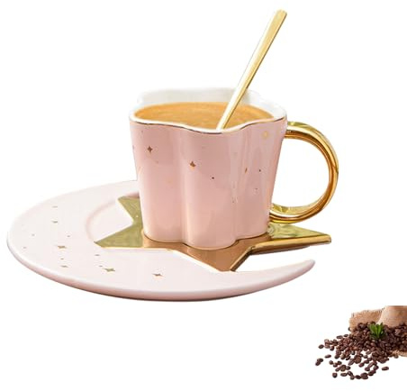 Kaffeetassen Set, Keramik Kaffeetassen Mit Mond Untertassen Cappuccino Tassen Mit Löffel Kaffeetassen Becher Espressotassen Set Cappuccino Tassen Set Kaffeeservice Set Für Ramadan Decor (Pink)