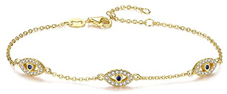 TONGZHE Hamsa Evil Eye Bracelet 925 Sterling Silver Cubic Zirconia Nazar Link Chain 7 Adjustable for Women Girls(18K Gold)