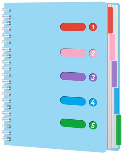 Koogel Notizbuch, liniert, Spiralbindung, A4, blaues Tagebuch, Notizbuch mit Trennblättern, wasserdichter Einband, Notizbuch, 5 Fächer, für Schule, Notizen, Büro, 28 x 21 cm