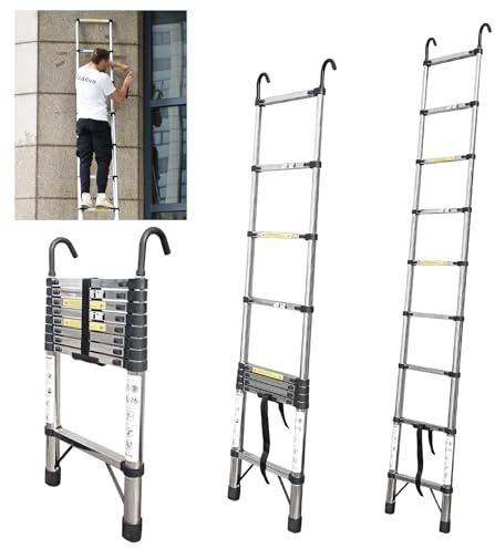 JADDUO 3,2m Aluminium Teleskopleiter mit Haken, 150 kg Belastbarkeit | Trittleiter mit 30 cm Stufenabstand und Haken, rutschfeste Füße, leicht & kompakt für Heim-, Decken- und Dachbodenarbeiten