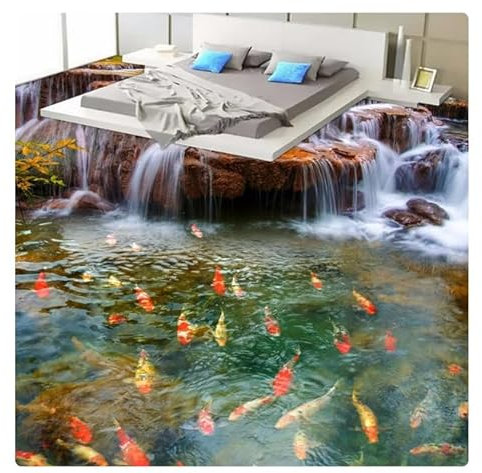 vsdhlsidgl 3D-Bodentapete, Wasserfall, Karpfen, Badezimmer-Boden-Wandgemälde, 3D-PVC, selbstklebende Wandaufkleber-Tapete, wasserdicht, 350 x 256 cm (137,8 x 100,8 Zoll)