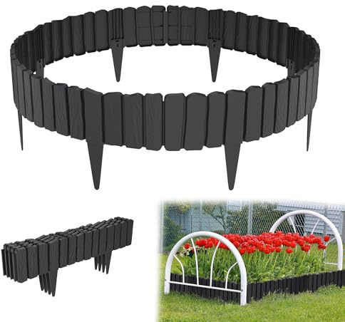 YRHome Holzoptik Robuste Rasenkante Gartenzaun Beetumrandung Robuste Rasenkante Gartenpalisade Dekorativer Gartenabgrenzung Palisadenzaun Natürliche Palisade - Anthrazit 4.8m