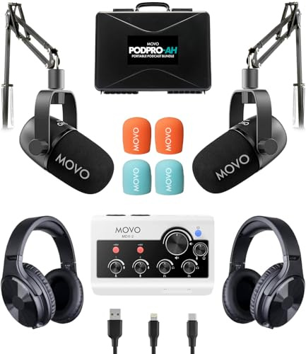 Movo Tragbares Podcast-Ausrüstungspaket für iPhone/Android-Telefone, Podcast-Kit mit Audio-Schnittstelle, 2 CastMic dynamische Mikrofone, 2 Kopfhörer, 2 Galgenarme – für Smartphones, Computer, PC und