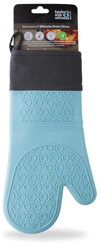 Silicone Oven Glove Aqua Stripe – Steam Proof, Waterproof Heat Resistant (Upto 250°C/480°F). Safe From Boiling Water & Hot Oil. Machine Washable, BPA & Phthalate Free. 5 Year Guarantee.